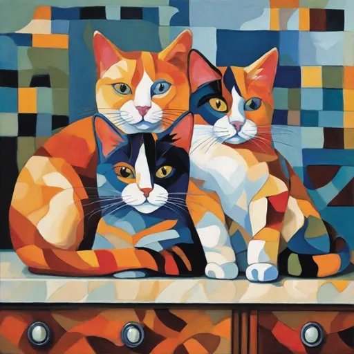 Prompt: Imitate a cubist oil painting of three Colorful Overlaping cats calico cats on a dresser