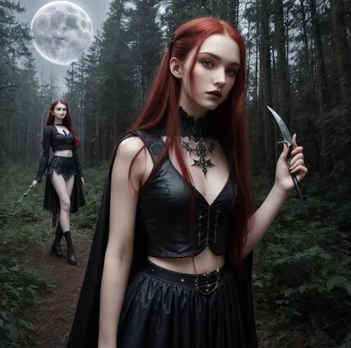 Prompt: Gorgeous perfectly detailed facial features, long legs, sumptuous perfect body, ultra pale, visible midriff, random pose, gothic fantasy, close-up portrait, 

gloomy forest lake, with a dagger in her hand, in a long black gothic dress, long flowing red hair, large reflective red eyes, well dressed, wandering lights, wind, lightning, moonlight, ominous red moon, surreal, symmetrical, intricate details, high detail, 

perfect studio lighting, perfect shading, Professional Photo Realistic Image, RAW, artstation, splash style dark fractal paint, contour, hyper detailed, intricately detailed, unreal engine, fantastical, intricate detail, steam screen, complimentary colors, fantasy concept art, 64k resolution, deviantart masterpiece, splash arts, ultra details, Ultra realistic, hi res, UHD, complete 3D rendering.