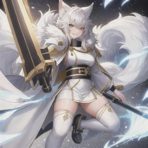 Prompt: A Kitsune in a white combat uniform, with a white fur cloak around her shoulders, holding a black and gold greatsword, smiling warmly at the camera.