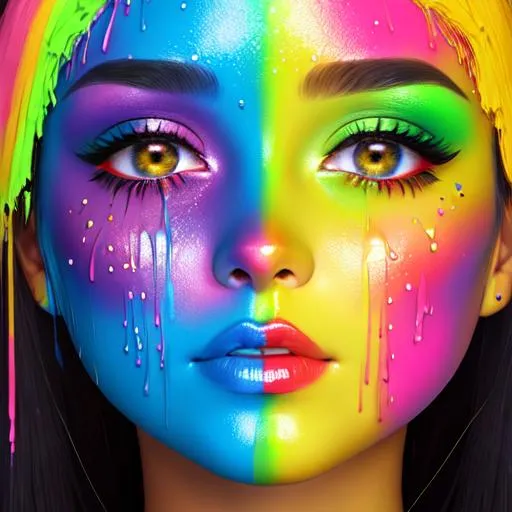 Prompt: female face dripping  paint in rainbow colors, facial closeup