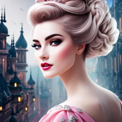 Prompt: head-on, bust, surreal cartoon,Stunning, glossy portrait of a stunning woman with silver and white hair pulled back into a bun, she is dressed like a cross between an Elizabethan princess and a high fashionista, pink and black fabric, background is architecture lit by the moon,  trending on artstation