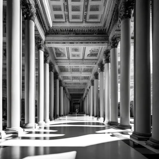 Prompt: A black and white inside of a huge building that has huge pillars inside of the building