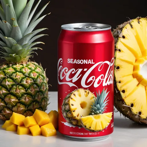 Prompt: create seasonal drink for Coca Cola named Tropical Twist includes pineapple and mango and coconut and write tropical twist in a can

