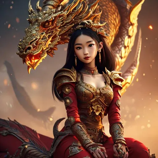 Prompt: gorgeous oriental woman in national clothes sitting on a big dragon creature, red and gold dress, beautiful face, cute face, dark hair, detailed skin, stunning, historical clothes, stunning oriental clothes, national clothes, mid shot, oriental town, cozy lightning, beautiful, cute, detailed face, 3dart, pixar trend, best quality, unreal engine, cozy lighting, intricate details, detailed drawing, atmospheric, best quality, unreal engine, cozy lighting, detailed digital painting, cinematic, hyper realistic, trending on artstation, aesthetic, inspirational, cartoon, illustration, deviantart