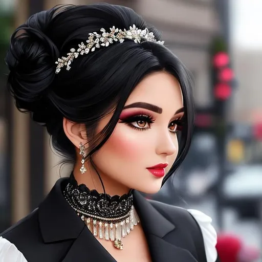 Prompt: A beautiful black haired woman, hair in updo, stylish makeup