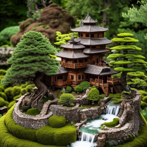 Prompt:  close up of A wooden castle surrounded by green mound juniper bonsai trees, waterfall, rocks, walking path at sunset