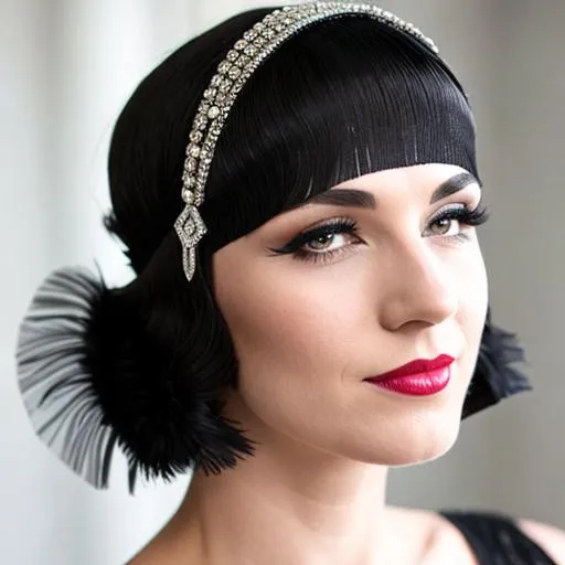 Prompt: 1920s flapper with  black bop haircut and a headpiece with diamonds  on her head 