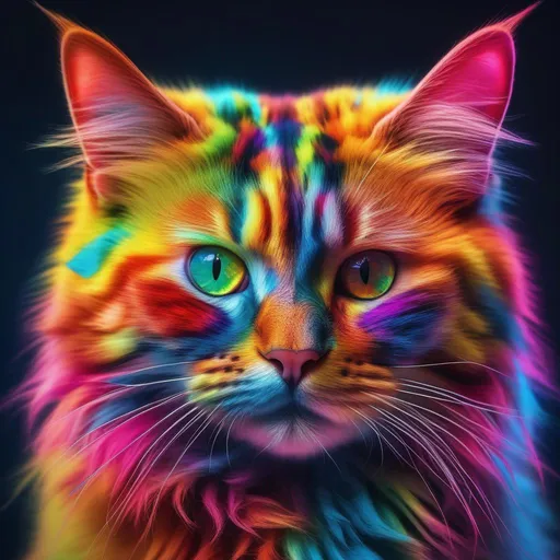 Prompt: Vibrant colourful cat, portrait, glaring, psychedelic colors, realistic, 8k, full body, UHD, best quality, high quality, highly detailed, detailed background, artstation