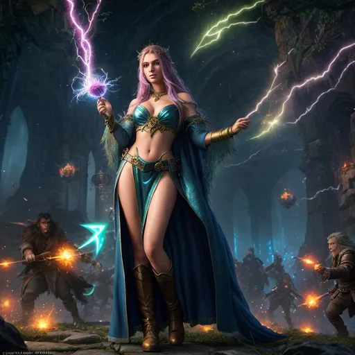 Prompt: Splash art, swirling magical lights, dense fog, create an intricately detailed, full body, ultra realistic, 3D Rendered image focused on an enticing, alluring, highly detailed, slender ((random hair color)), super exotic young adult human sorceress. {{surrounded by angry orcs.}}, casting magic lightning bolts} in an epic depiction of battling orcs, in a dystopian city destroyed by, 64k resolution, ultra photo realistic, highly exotic, ultimate fantasy, digital concept art, perfect cinematic lighting, perfect shading.