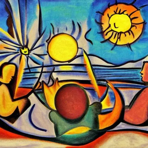 Prompt: friends sitting around a fire on a beach having fun drinking, smoking, with sea turtles sitting around with them. abstract art, Picasso style, sea turtles  moon, sun, planets, ocean 

