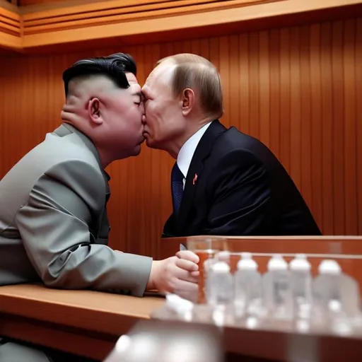 Prompt: Imagine: Kim Yong UN  is kissing Vladimir Putin Style: World Disney Scene: at the sauna