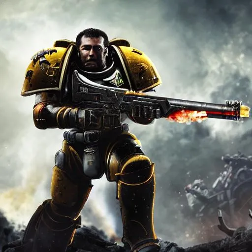 Prompt: Space Marine in combat suit, full figure, surrounded by enemy , ultra high definition, epic background, ethereal , under fire, superior technology, crisp, sharp, epic look, amazing, unreal engine 5, ultra HD, 16k , sharp focus, ominous feel. 
