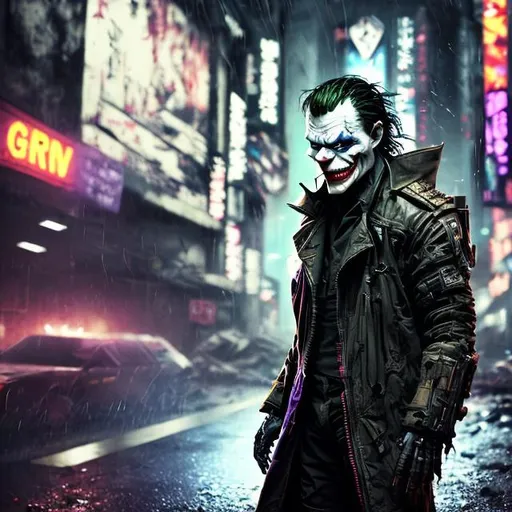 Prompt: Black, khaki and dark purple futuristic cyberpunk joker. Face scars. Sharp teeth. Tattoos. Muscular. Accurate. realistic. evil eyes. Slow exposure. Detailed. Dirty. Dark and gritty. Post-apocalyptic Neo Tokyo. Futuristic. Shadows. Sinister. Armed. Fanatic. Intense. Heavy rain. Explosion. Burning car in background