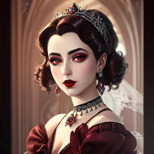 Prompt: Ethereal fantasy image detailed painting by Tim burton and artgerm portrait of a beautiful 1920's high class young aristocrat female with dark brown eyes perfect cherry red lips wearing a very beautiful formal gown,  artgerm, award-winning cgi, blender 