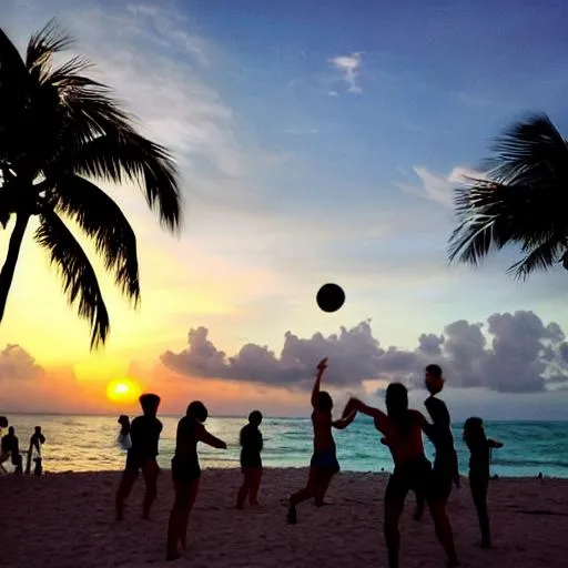 Prompt: sunset in miami
 with people playing volly ball

