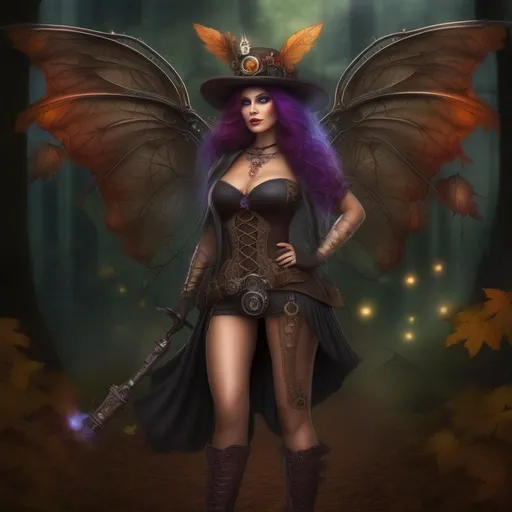 Prompt: Wide angle. Whole body showing. Very detailed Illustration. Photo real. Very realistic. A beautiful, buxom woman with broad hips. Colorful, extreme bright eyes,  standing in a forest by a sleepy town. Shes a Steam Punk Witch, a Winged Fairy, with a skimpy, very sheer, gossamer, flowing outfit. On a colorful, Halloween night. 