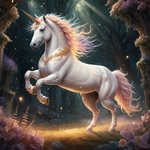 Prompt: (fantasy illustration) a jumping unicorn (warm color scheme), enchanting atmosphere, intricate details, soft illuminating glow, high detail, no background.