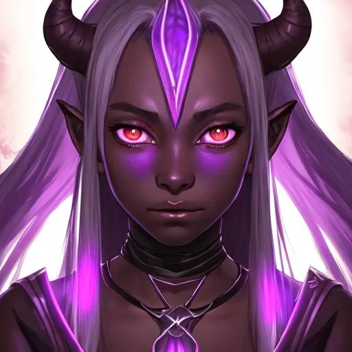Prompt: Portrait of an adolescent, scared, innocent, beautiful tiefling girl with very dark ash skin, wearing thieve's garb with glowing, light purple psionic throwing blades