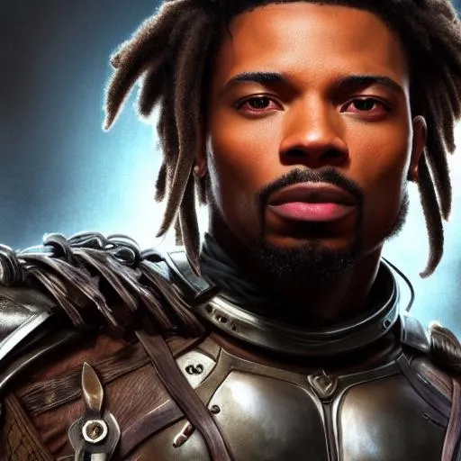Prompt: A photograph of muscular African American man, looking like killmonger with brown eyes, wearing lather armor looking at the viewer, fantasy, medieval, vivid colors, elegant, concept art, sharp focus, beautiful face, digital art, Hyper-realistic, 4K, Unreal Engine, Highly Detailed, HD, Dramatic Lighting by Brom, trending on Artstation
