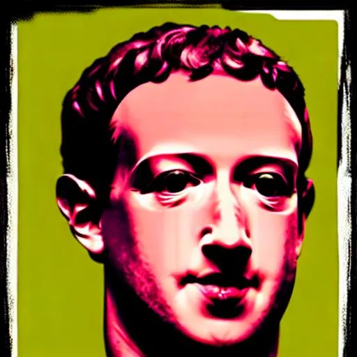 Prompt: Alien pop art of Mark Zuckerberg handsome creepy recognizable weird awkward famous Caesar big detailed eyes cultural icon in the retro style of warhol