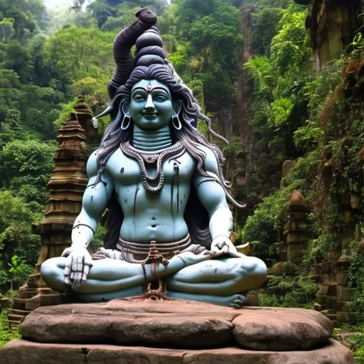 Prompt: Lord Shiva sitting statue of very old stone in jungle