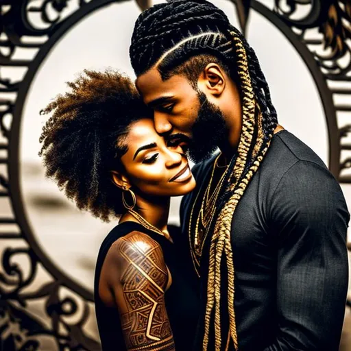 Prompt: Beautiful black man with long braided hair ,ankh tattoo ,holding a beautiful black woman above his head,  love atmosphere