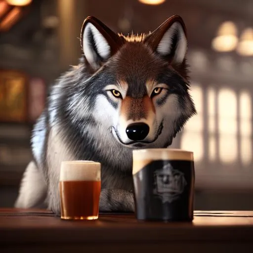 Prompt: Wolf drinking in a pub