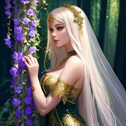 Prompt: Chiaroscuro, full-body painting of a beautiful pale-skinned night elf girl ((((beautiful full body)))), ( platinum blonde hair with flowers, messy), ropes, ((forest background)), bioluminescent, (wearing intricate jewelry) gold gothic flowing dress with golden filigree details and ornamental jewelry, vines, delicate, soft, fireflies, spiders, spider webs, webs, silk, threads, ethereal, luminous, glowing, dark contrast, celestial, highly detailed face, ribbons, trails of light, 3D lighting, soft light, vaporware, volumetric lighting, occlusion, Unreal Engine 5 128K UHD Octane, fractal, pi, fBm, mandelbrot