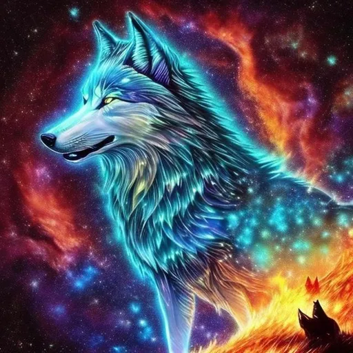 Prompt: mystical fire wolf made of stars howling while sitting on the milky way with a visual over side of Earth