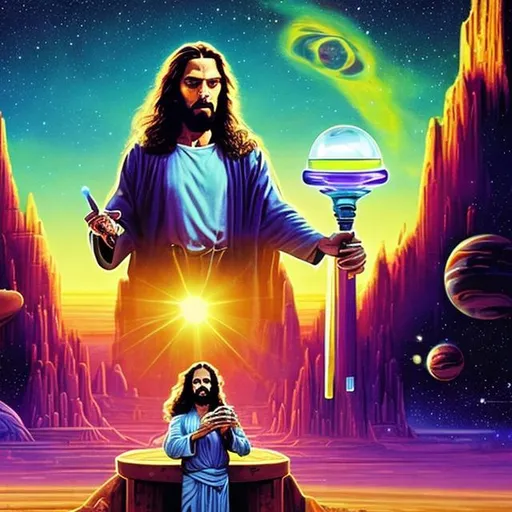 Prompt: widescreen, photo, painting, longshot, wide view, infinity vanishing point, overhead lighting, jesus and an alien jesus smoking a crystal bong, in an exotic space cantina, vibrant galaxy landscape background, surprise me