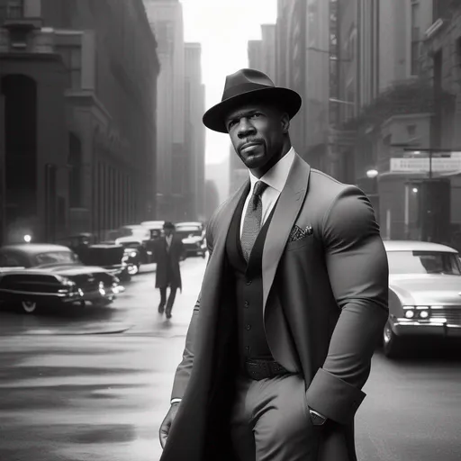 Prompt: Terry Crews as a private detective, dressed in a trenchcoat and fedora, UHD, Black and White,