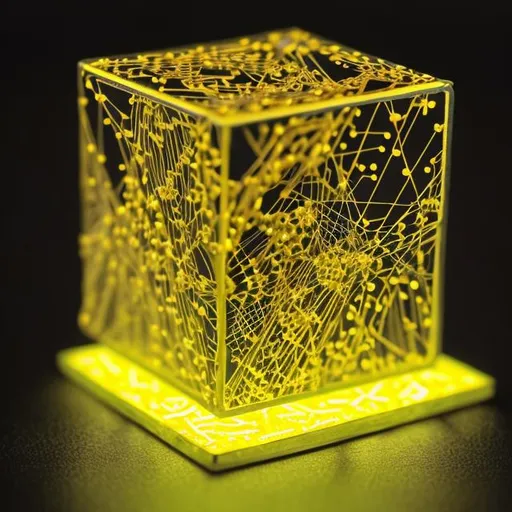 Prompt: Create a yellow parchament background "Imagine a small, metallic cube with intricate circuitry etched on its surface. It glows with a pulsating blue light, and its sides are adorned with tiny conductive nodes. The cube is encased in a transparent shell, revealing the mesmerizing dance of electric flux within." 