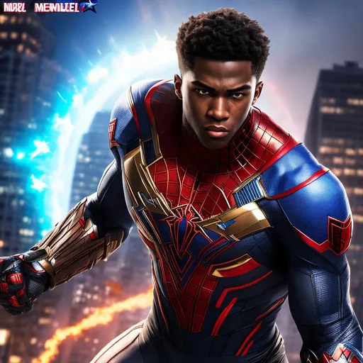 Prompt: High resolution hyperrealistic dynamic image of young avenger patriot-eli-bradley merged with miles-morales, symmetrical detailed photorealistic face, red and white and blue costume highly detailed, cinematic, uhd, hdr, 64k