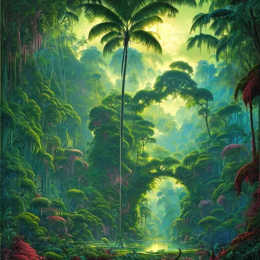 Prompt: Landscape painting, beautiful lush tropical glade with a huge green colored dimensional portal at the centre, bright light, dull colors, danger, fantasy art, by Hiro Isono, by Luigi Spano, by John Stephens