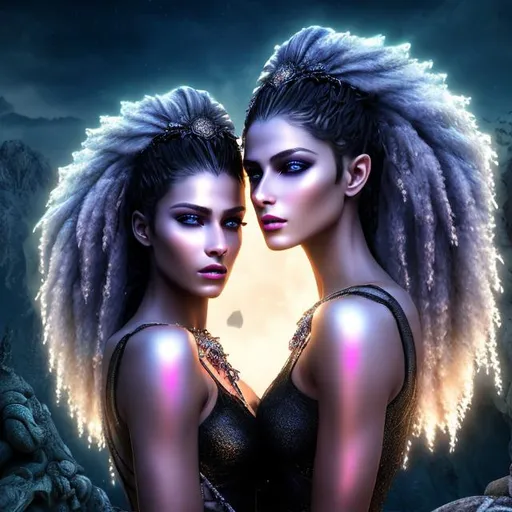 Prompt: HD 4k 3D 8k professional modeling photo hyper realistic two twin beautiful women ethereal evil greek goddesses of curses
white cornrows hair dark eyes gorgeous face pale skin black feathered dress tattoos headpiece full body surrounded by magical glowing light hd landscape background dark underworld caves