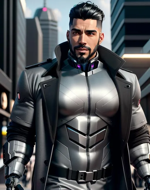 Prompt: perfect composition, bearded goatee {35 year old}, lean and muscular {cuban man}, {wearing futuristic grey and black trench coat with cybernetic attachments}, extra masculine, peak fitness, amused expression, 8k eyes, detailed face, wlop, stanley artgerm lau, artstation, hd, octane render, hyperrealism intricate details, 8k, cinematic volumetric light, proportional, art trending on artstation, sharp focus, studio photo, intricate details, highly detailed, intricate artwork masterpiece, ominous, intricate, epic, trending on artstation, highly detailed, vibrant, production cinematic character render, ultra high quality model, 