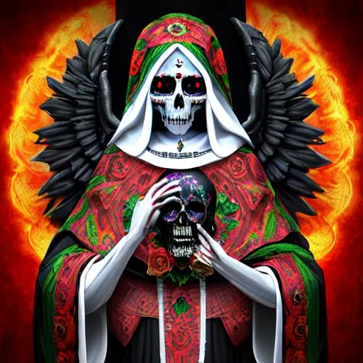 Prompt: "Santa Muerte" "holy death" "mother Death" "dead" "saint" "digital artwork" "4k" "3d Paint" 