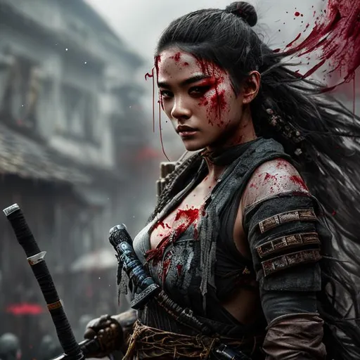 Prompt: create beautiful fictional female ninja who is covered in blood and battle scarred, extremely, detailed environment, detailed background, intricate, detailed skin, natural colors , professionally color graded, photorealism, 8k, moody lighting


