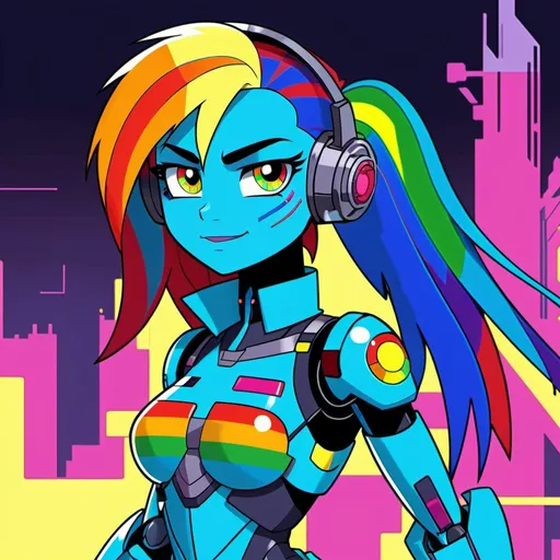 Prompt: cyberpunk equestria girls rainbow dash with blue skin as a cyborg