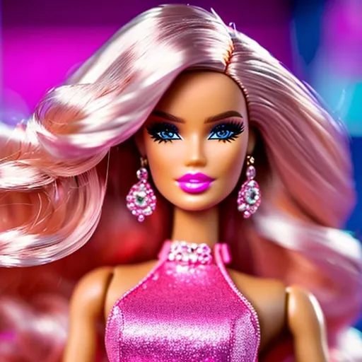 Prompt: High detailed Barbie with long hair wearing high detailed pink Versace outfit 