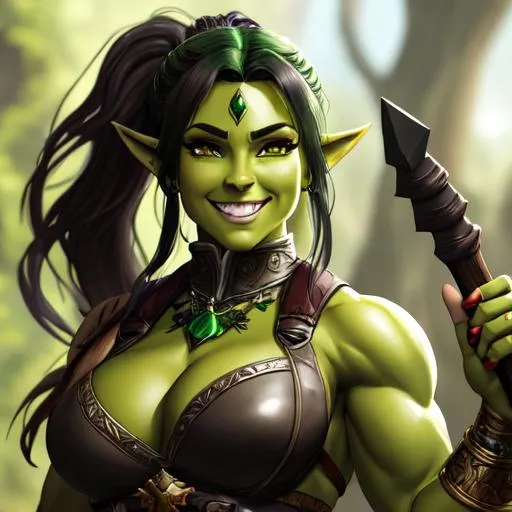 Prompt: oil painting, D&D fantasy, green-skinned-orc girl, green-skinned-female, tall, toned muscle, beautiful, short dark brown hair, wavy hair, smiling, pointed ears, fangs, looking at the viewer, barbarian wearing intricate adventurer outfit, #3238, UHD, hd , 8k eyes, detailed face, big anime dreamy eyes, 8k eyes, intricate details, insanely detailed, masterpiece, cinematic lighting, 8k, complementary colors, golden ratio, octane render, volumetric lighting, unreal 5, artwork, concept art, cover, top model, light on hair colorful glamourous hyperdetailed medieval city background, intricate hyperdetailed breathtaking colorful glamorous scenic view landscape, ultra-fine details, hyper-focused, deep colors, dramatic lighting, ambient lighting god rays, flowers, garden | by sakimi chan, artgerm, wlop, pixiv, tumblr, instagram, deviantart