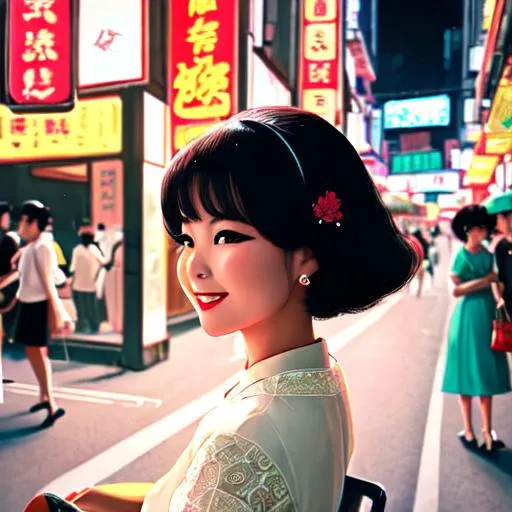 Prompt: Close up, Digital illustration, a summer day in Hong Kong 1960s, a beautiful and smile young Hong Kong lady (five fingers) with make up wearing 1960s summer lace dress, around 28 years old, sitting in the middle of a busy 1960s Causeway Bay street at night, depth of field, perspective central compressed composition, by Miho Hirano and Kawacy and William-Adolphe Bouguereau, nostalgic, ethereal, soft color, highly contrast