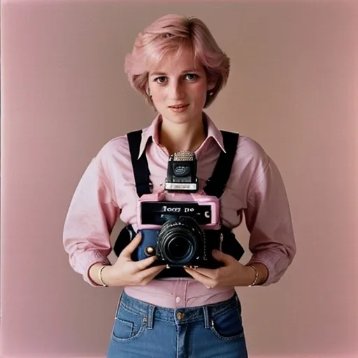 Prompt: Princess Diana with pink hair holding video camera wearing jeans in surreal style