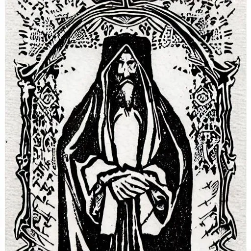 Prompt: tattoo design, stencil, a tarot card of a hermit wearing a cloak and carrying a long staff topped by a lantern