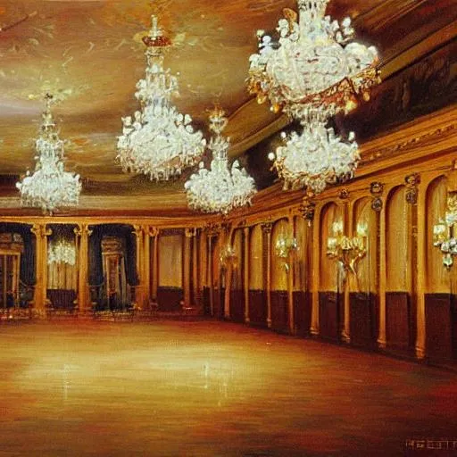 Prompt: a romantic oil painting depicting a big ballroom in Europe in the 1960s, complete with large chandeliers and warm colors.