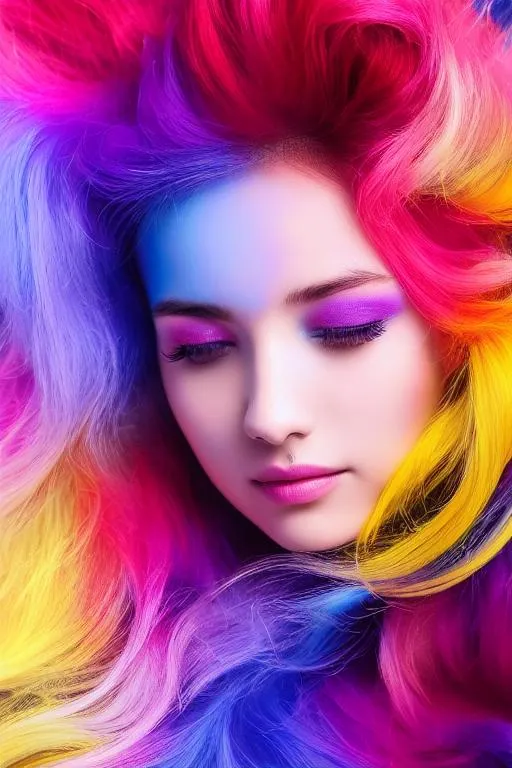 Prompt: Colorful beautiful woman: a woman 18-years old, messy hair, oil painting, nice perfect face with soft skinice perfect face, blue yellow colors, light purple and violet additions, light red additions, intricate detail, splash screen, 8k resolution, masterpiece, cute face,artstation digital painting smooth veryBlack ink flow: 8k resolution photorealistic masterpiece: intricately detailed fluid gouache painting: by Jean Baptiste Mongue: calligraphy: acrylic: watercolor art, professional photography, natural lighting, volumetric lighting maximalist photoillustration: by marton bobzert:, complex, elegant, expansive, fantastical