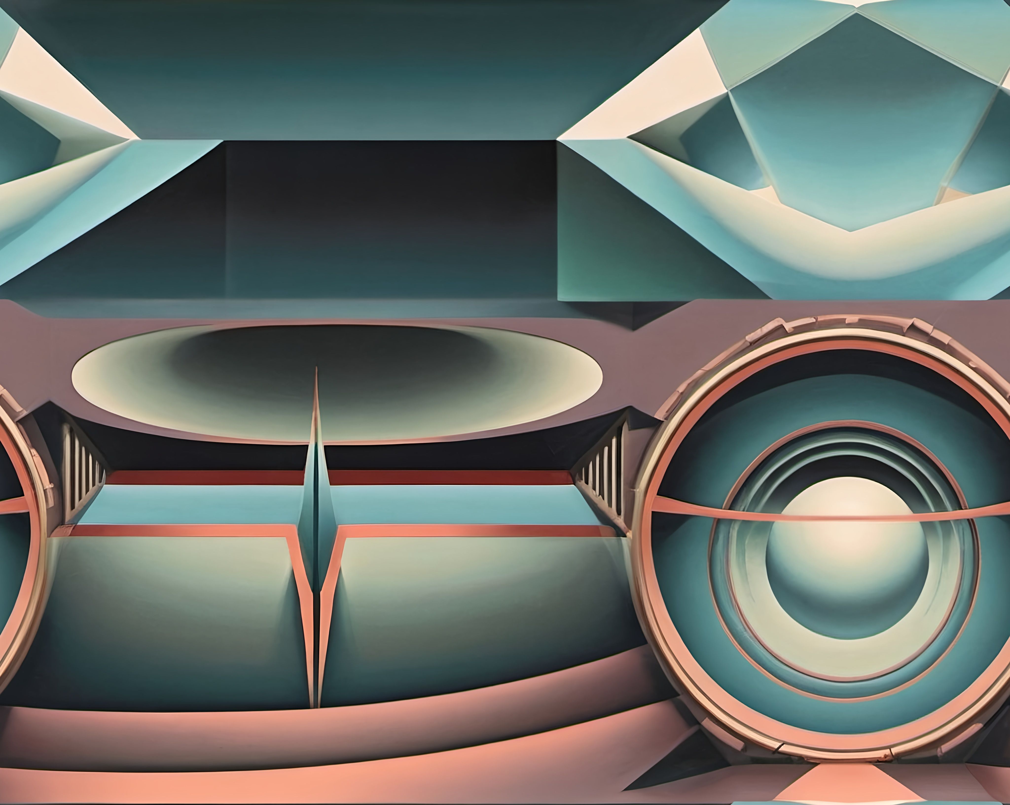 Prompt: a painting of a futuristic structure with a circular object in the center of the image, rich colors, an art deco painting