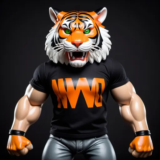 Prompt: A powerful and fierce tiger standing on its hind legs, wearing a fitted black shirt. The shirt prominently displays the iconic 'NWO' logo from WWE in bold white letters on the front. The tiger's fur is a rich blend of orange and black stripes, with sharp green eyes, and its stance is proud and confident. Its muscular build and intense expression exude strength and dominance, perfectly capturing the rebellious spirit of the NWO. The background is a simple gray, keeping the focus on the tiger and its bold attire.