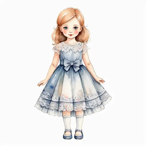 Prompt: young girl, elegant children's dress  with lace, standing straight, arms to the sides, paper doll, watercolor,