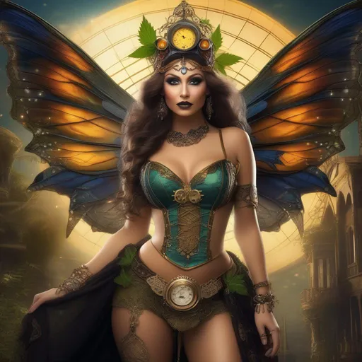 Prompt: Wide angle. (Ultra-precise depiction), (Ultra-detailed depiction), ((best quality (beautiful and aesthetic:1.2)  {{Halloween night}}.  Shes a ((colorful)). steam punk, belly dancer (Witch). A (spectacular), winged. Cannabis fairy. A very beautiful,  buxom,  shapely woman. {{{{Anatomically real hands}}}}. {{vivid}}, {{colorful}}, {{extremely, ((bright)) eyes}}, (ultra detailed), ((absurd res)), (Epic), (((masterpiece))).  Enscape render. She is wearing a skimpy. {{{colorful}}}. {{gossamer}}, {{flowing outfit}}. {Sony a7 IV} , solo ((trending on Artstation)). concept art
